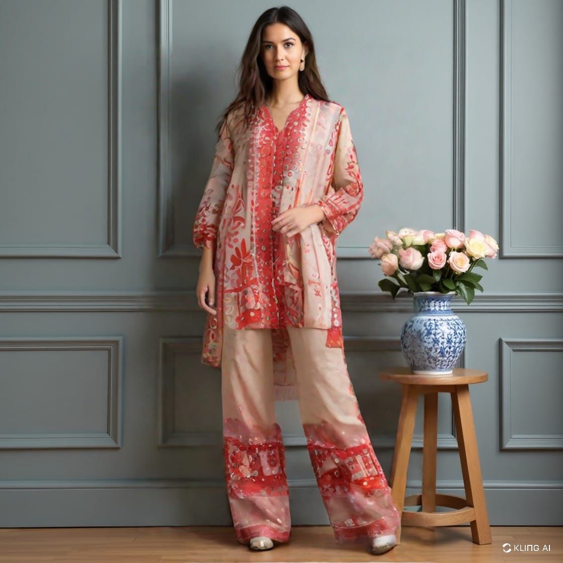Vibrant Red & Beige Ensemble