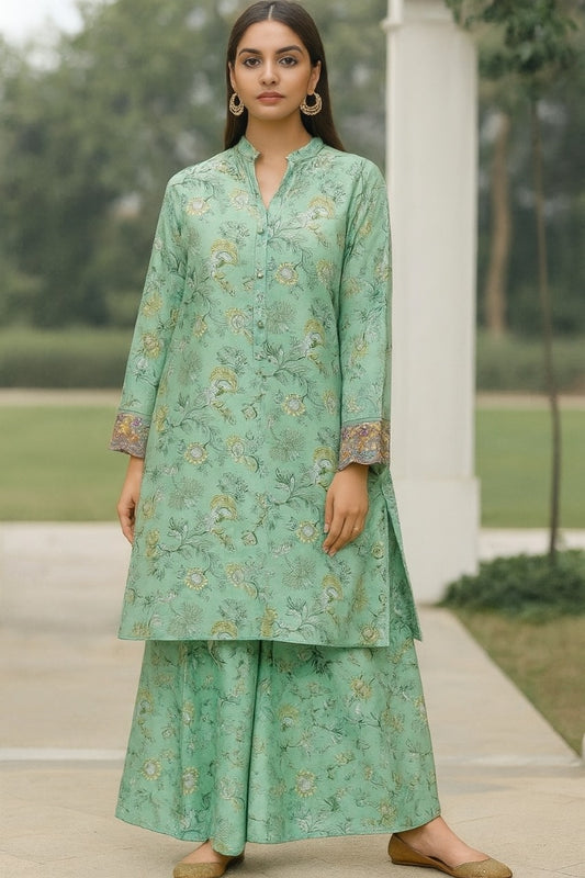 Mint Blossom Classic lawn With Modern Flare – Flapper Cut With Embroidered Sleeve
