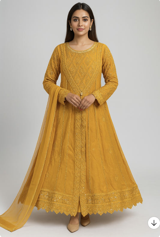 Mustard Yellow Embroidered Anarkali Suit with Dupatta
